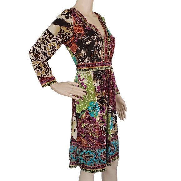 Floral Boho Dress Women's S Knit Stretch V Neck Tie Long Sleeve Brown & Purple - Picture 2 of 13